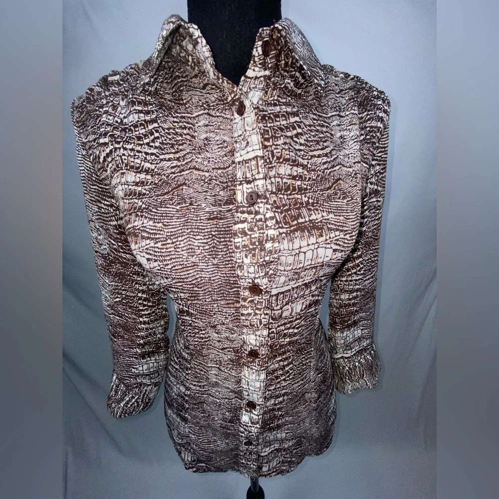 Short Sleeve Blouse Button Down Top Medium Brown Gold Metallic Sere Nade - Picture 4 of 10